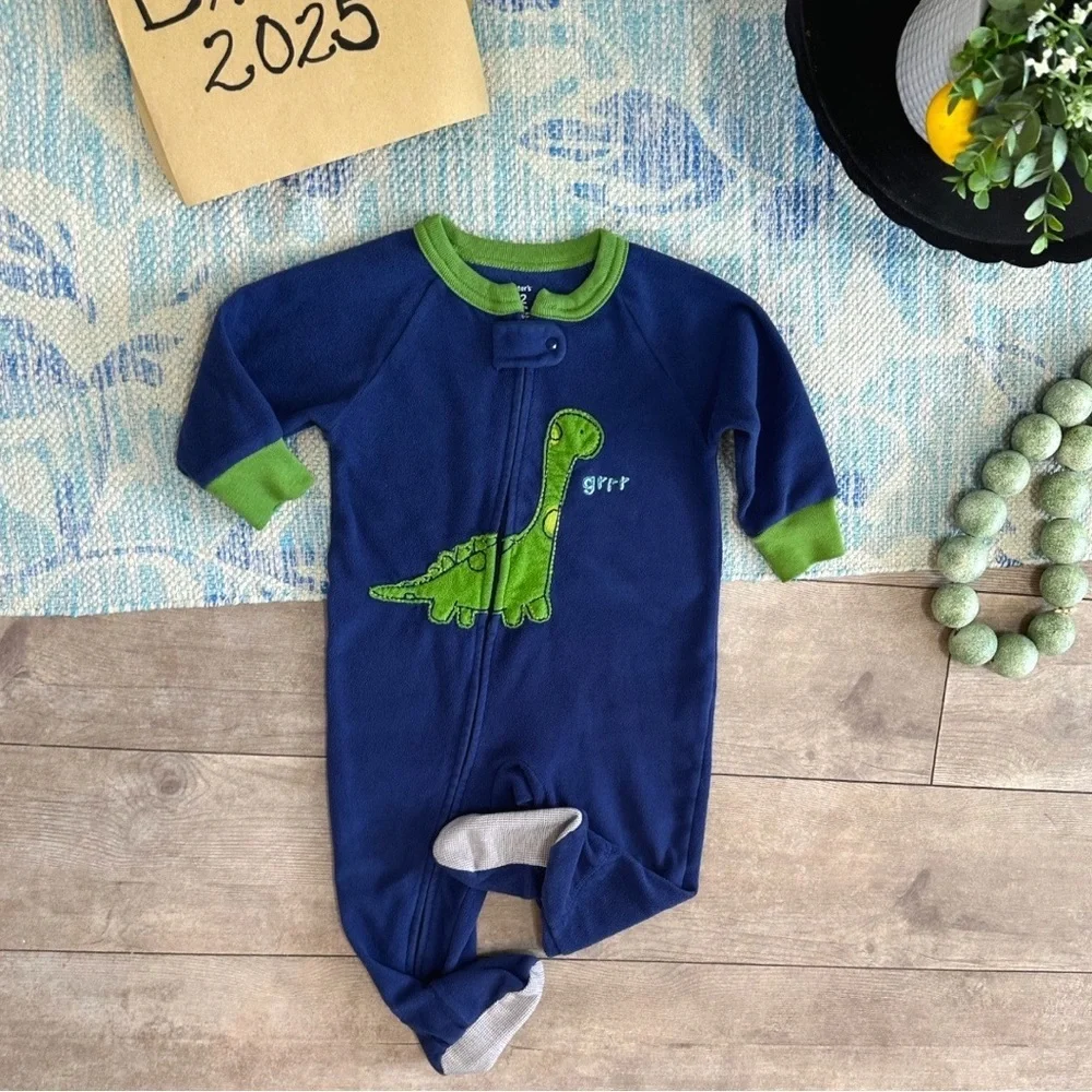 Y2K Carter’s Dinosaur Fleece Footies One Piece Sleeper Pajamas 12 Month baby boy